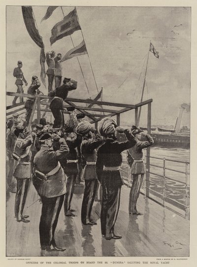 Officers of the Colonial Troops on Board the SS Dunera saluting the Royal Yacht by Georges Bertin Scott